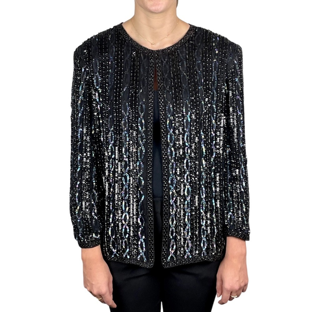 ADRIANNA PAPELL Y2K BLACK SILK BEAD SEQUIN EMBELLISHED HOLIDAY EVENING JACKET